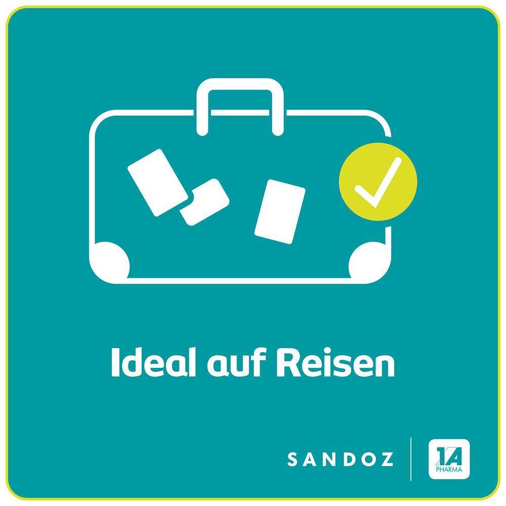 Grafik: Koffer mit Gepäck und Häkchen. Ideal auf Reisen. Sandoz und 1 A Pharma Logo.