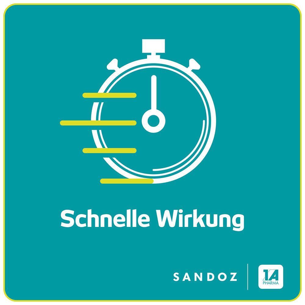 Grafik: Stoppuhr mit schnellen Bewegungsstreifen. Schnelle Wirkung. Sandoz und 1 A Pharma Logo.