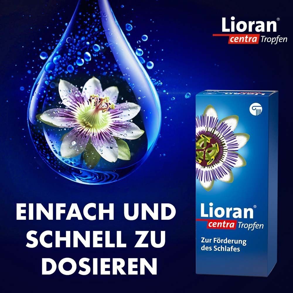 Wassertropfen mit Passionsblume und Lioran centra Tropfen Packung.