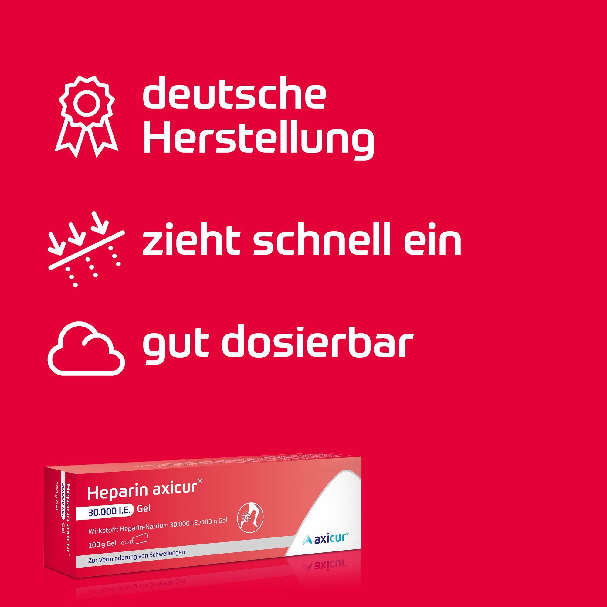 Packung Heparin axicur® Gel mit Symbolen für deutsche Herstellung, schnelles Einziehen und gute Dosierbarkeit.
