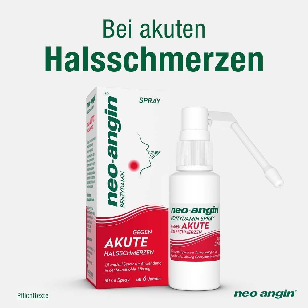 neo-angin Benzydamin Spray gegen akute Halsschmerzen. 30 ml Spray, ab 6 Jahren.