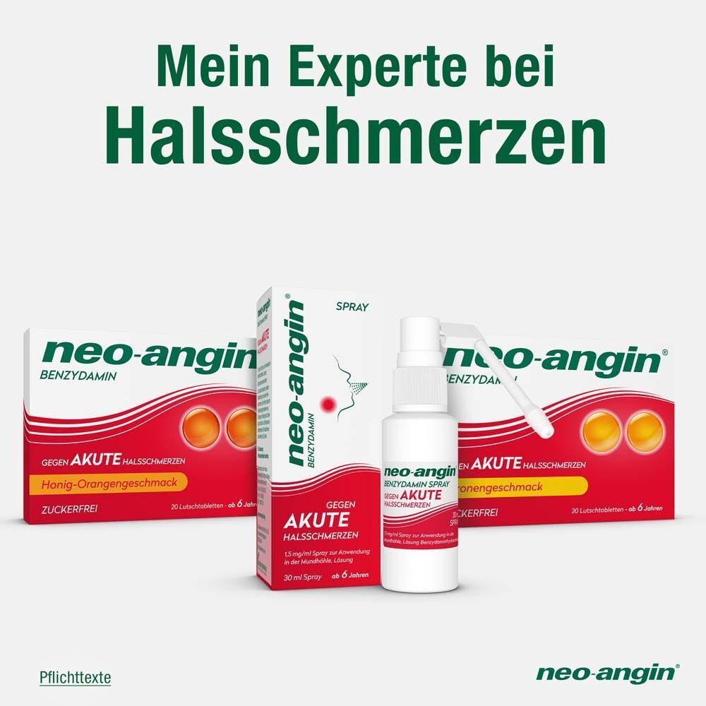 neo-angin Benzydamin Spray: Honig-Orangengeschmack, zuckerfrei. Gegen Halsschmerzen.