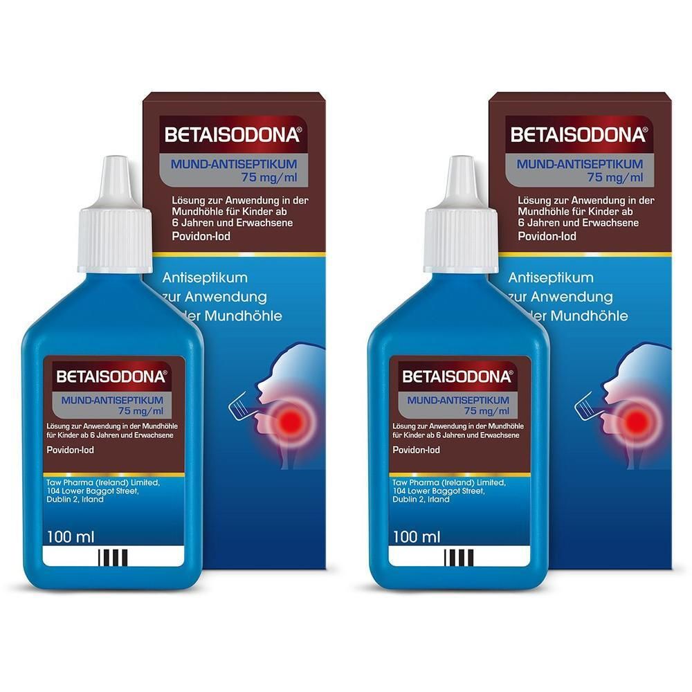 Zwei blaue Flaschen BETAISODONA Mund-Antiseptikum 75 mg/ml, 100 ml, mit brauner Verpackung.