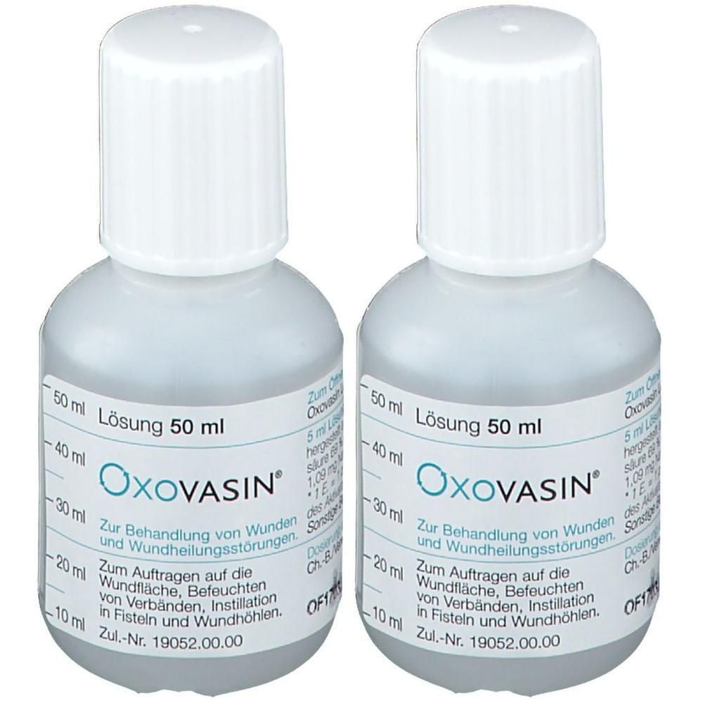 Zwei Flaschen Oxovasin Lösung, je 50 ml, mit Messskala.