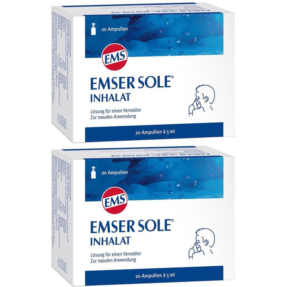 Zwei Packungen EMSER SOLE INHALAT, je 20 Ampullen für Vernebler zur nasalen Anwendung.