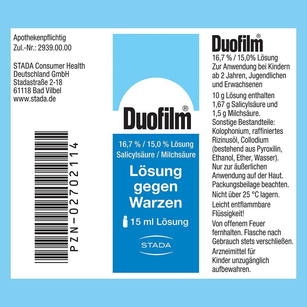Rückseite einer Duofilm Lösung Packung mit Anwendungsinformationen.