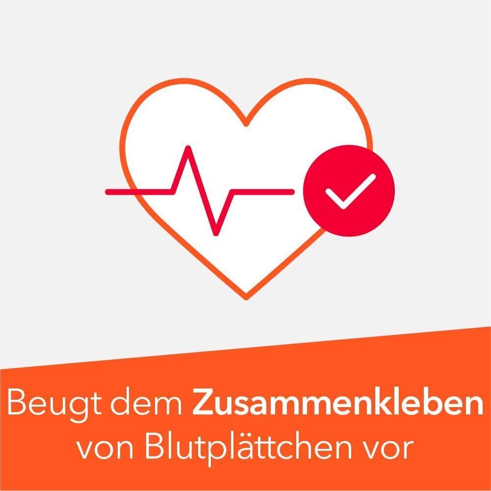 Symbol eines Herzens mit EKG-Linie und Häkchen. Text: Beugt dem Zusammenkleben von Blutplättchen vor.