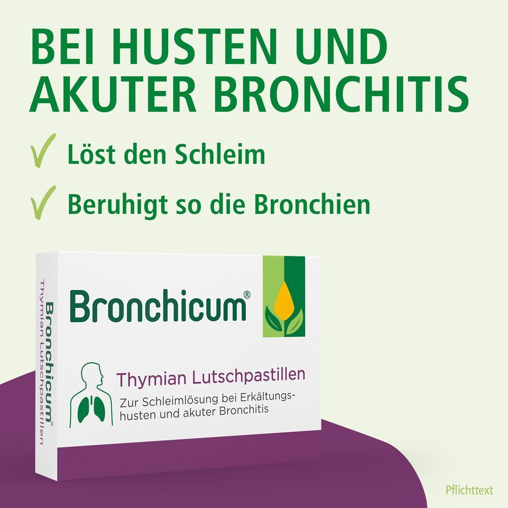 Bronchicum Thymian Lutschpastillen Packung mit Text zu Husten und Bronchitis.