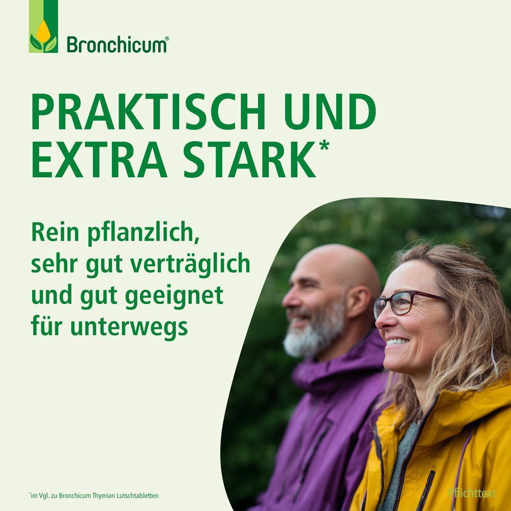 Bronchicum Thymian Lutschpastillen: "Praktisch und extra stark", mit Paar im Freien.