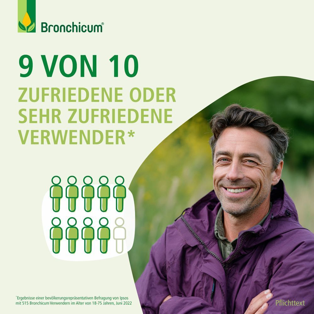 Bronchicum: 9 von 10 zufriedene Anwender, mit Grafik und lächelndem Mann.