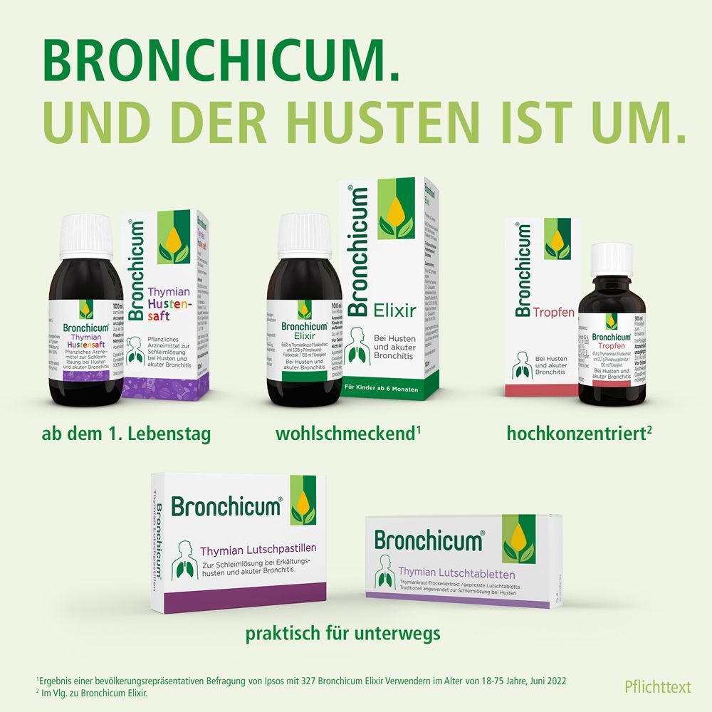 Bronchicum Produkte: Elixir, Lutschpastillen, Tropfen, Hustensaft.