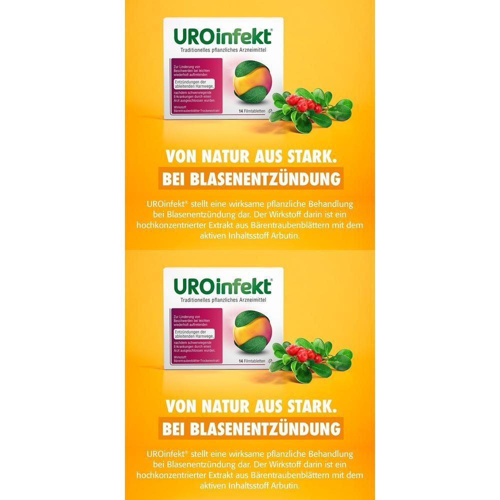 UROinfekt® Packung mit Beeren und Blättern. "Von Natur aus stark. Bei Blasenentzündung."