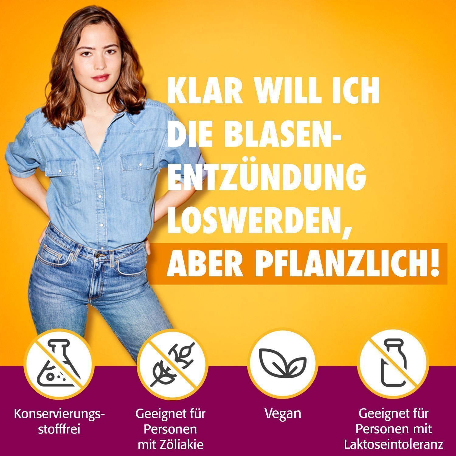 Junge Frau mit Jeans und Hemd. Symbole: Ohne Konservierungsstoffe, Vegan, Geeignet für Zöliakie, Laktoseintoleranz.