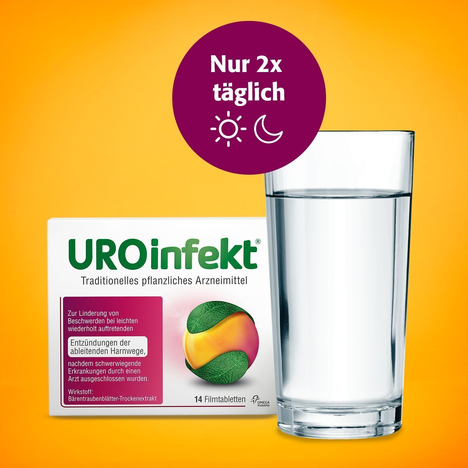 UROinfekt® Packung neben einem Glas Wasser. "Nur 2x täglich".