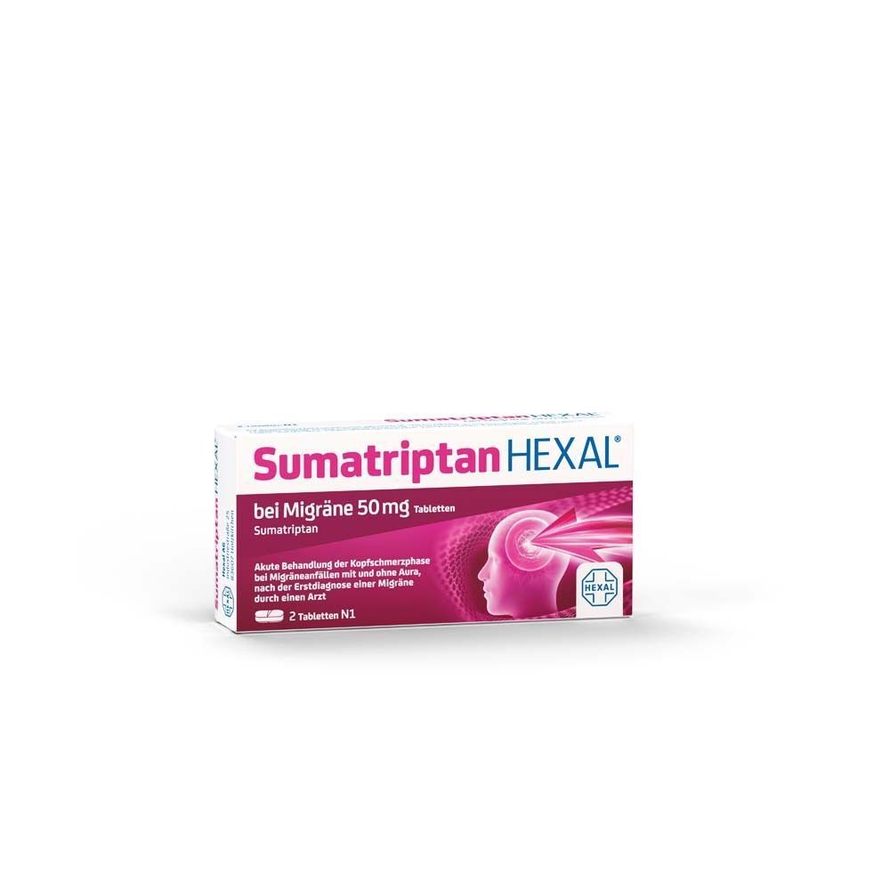 Packung von Sumatriptan HEXAL® bei Migräne 50 mg Tabletten, 2 Tabletten N1.