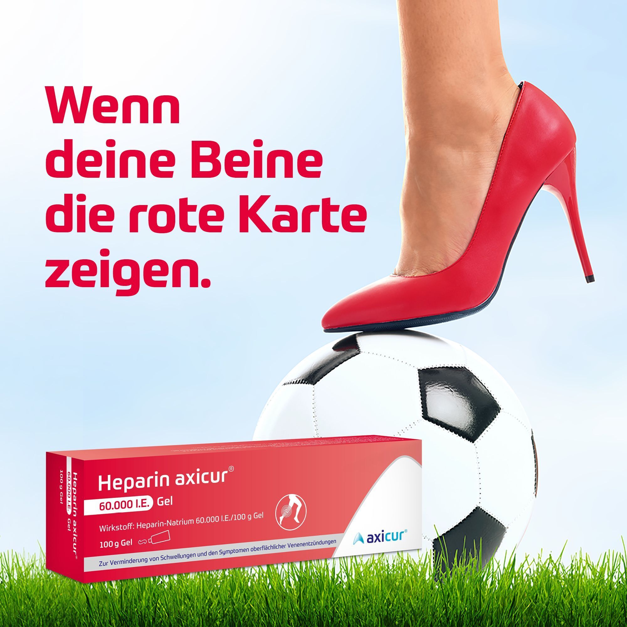 Rote Pumps auf einem Fußball, daneben eine Packung Heparin axicur® Gel.