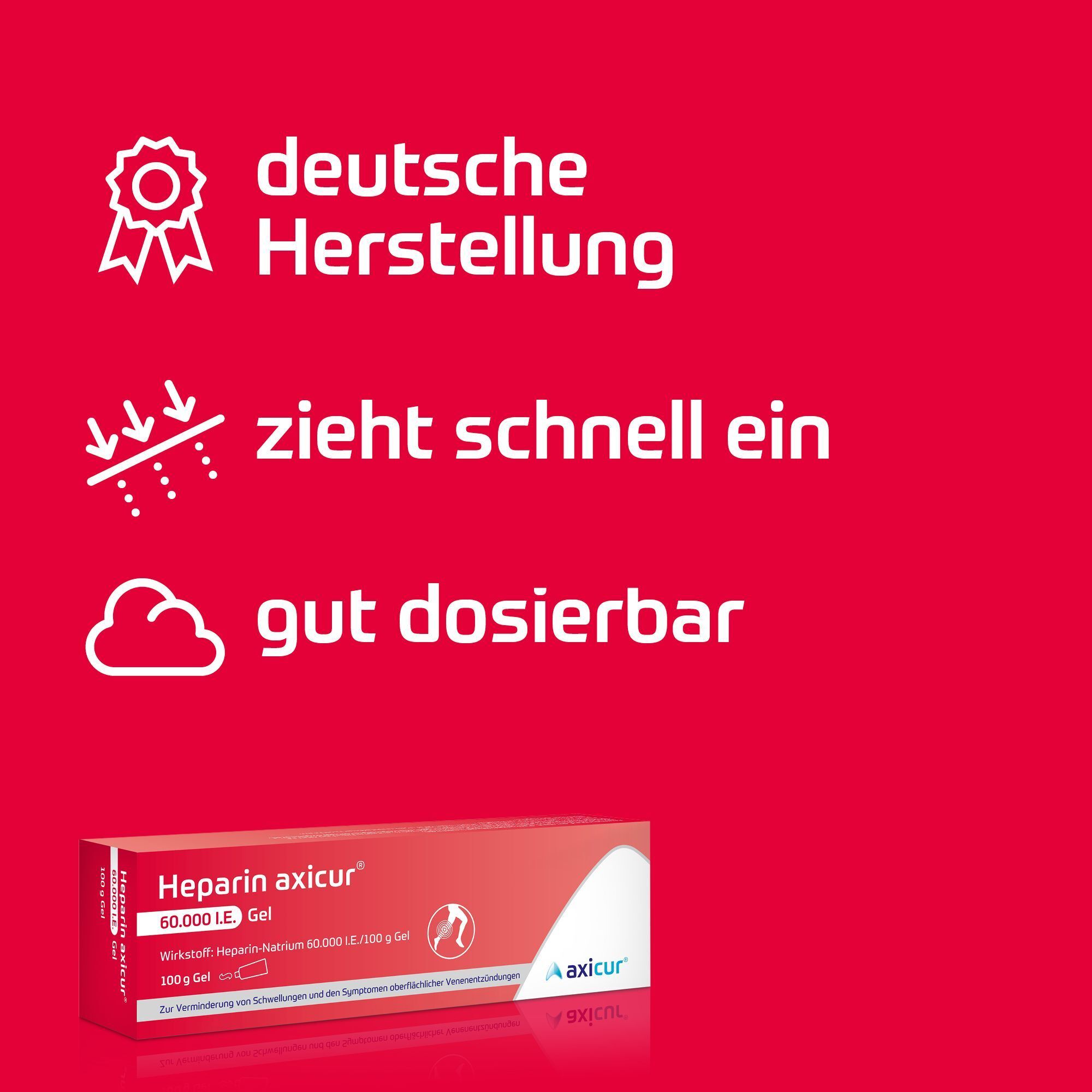 Packung Heparin axicur® Gel mit Siegel 'Deutsche Herstellung'.