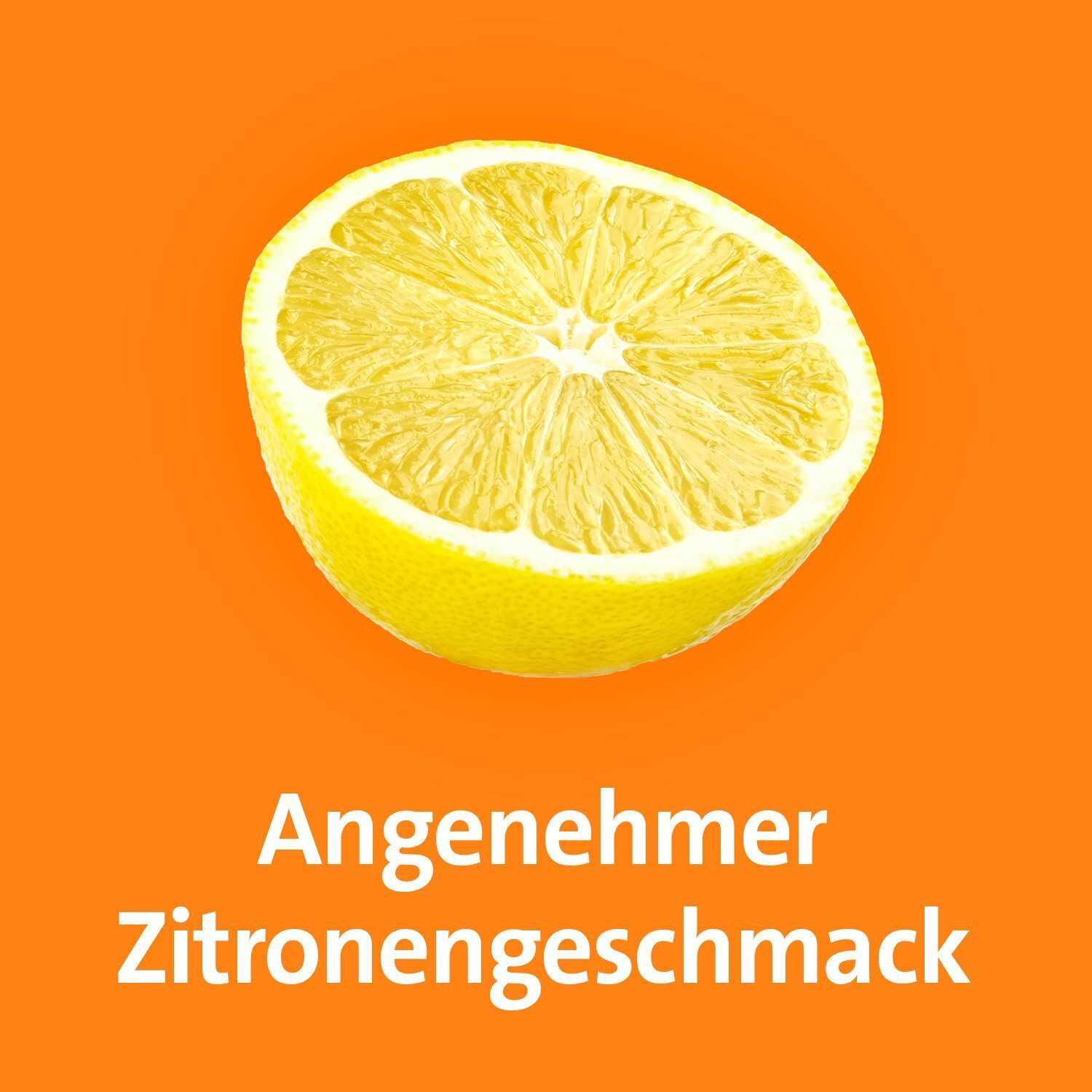 Eine aufgeschnittene Zitrone auf orangefarbenem Hintergrund. Text: Angenehmer Zitronengeschmack.