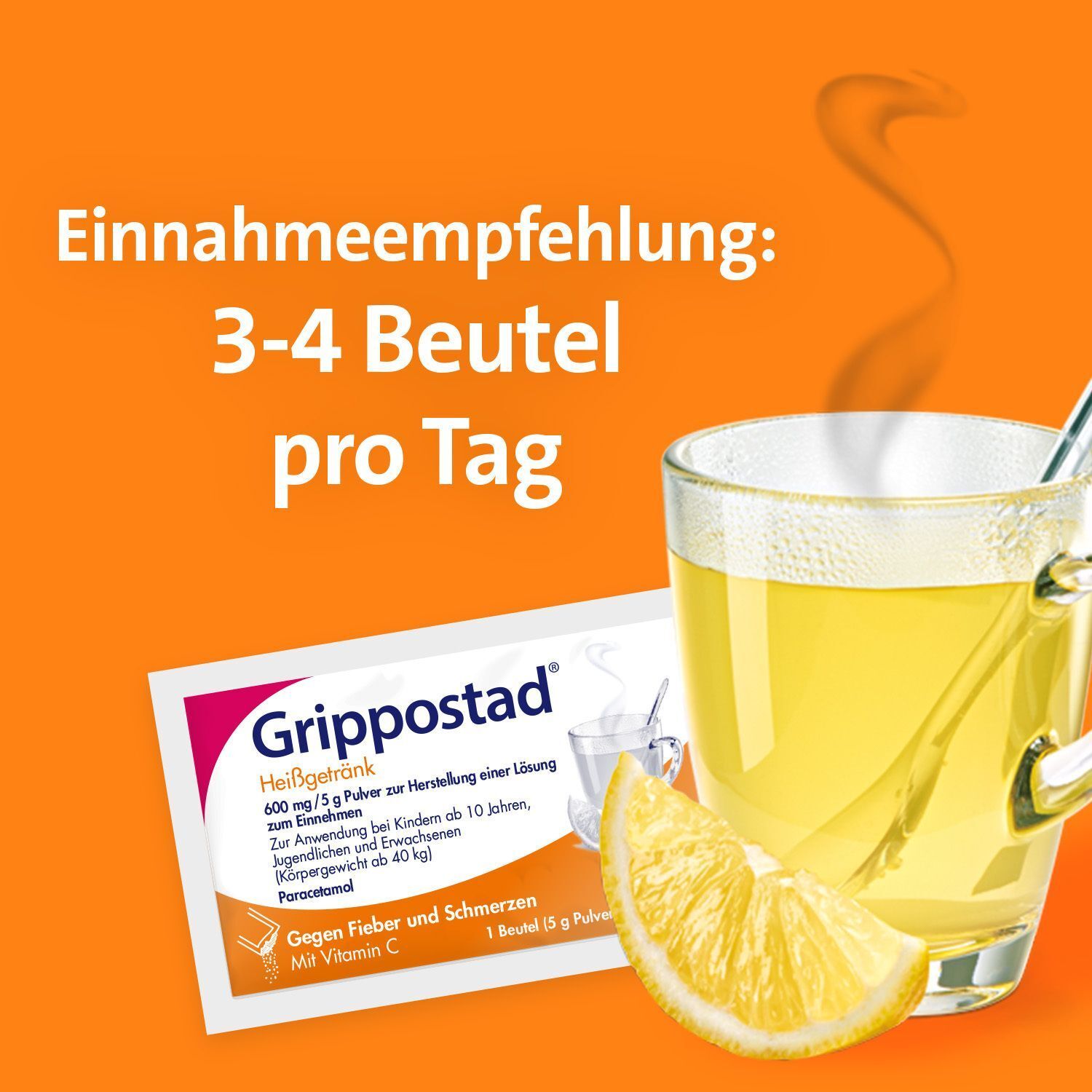 Tasse mit heißem Getränk, Zitrone und Grippostad Beutel. Text: Einnahmeempfehlung: 3-4 Beutel pro Tag.