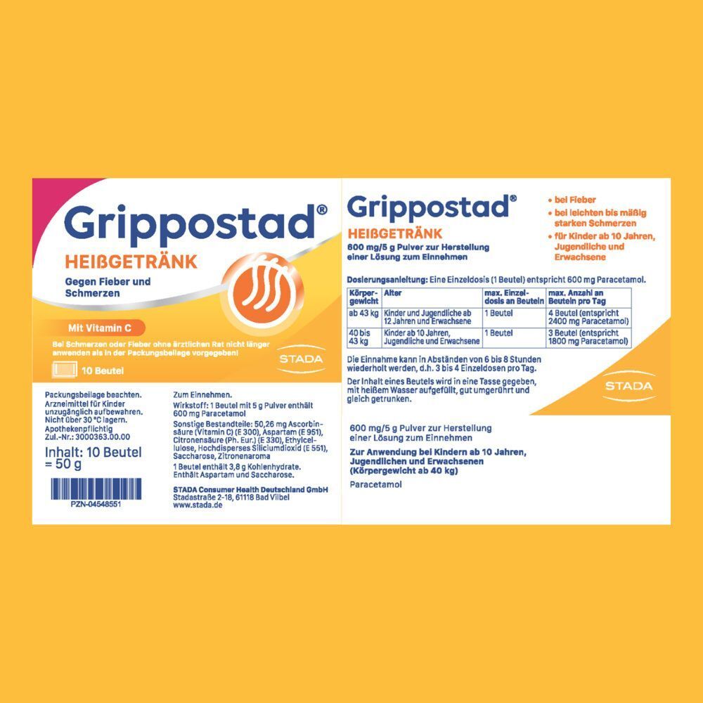 Packung Grippostad Heißgetränk mit detaillierten Anwendungsinformationen und Inhaltsstoffen.