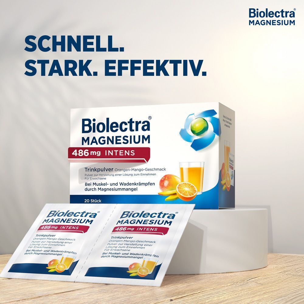 BIOLECTRA Magnesium 486 mg Intens Trinkpulver: Schnell, stark, effektiv. Zwei Einzelportionen.