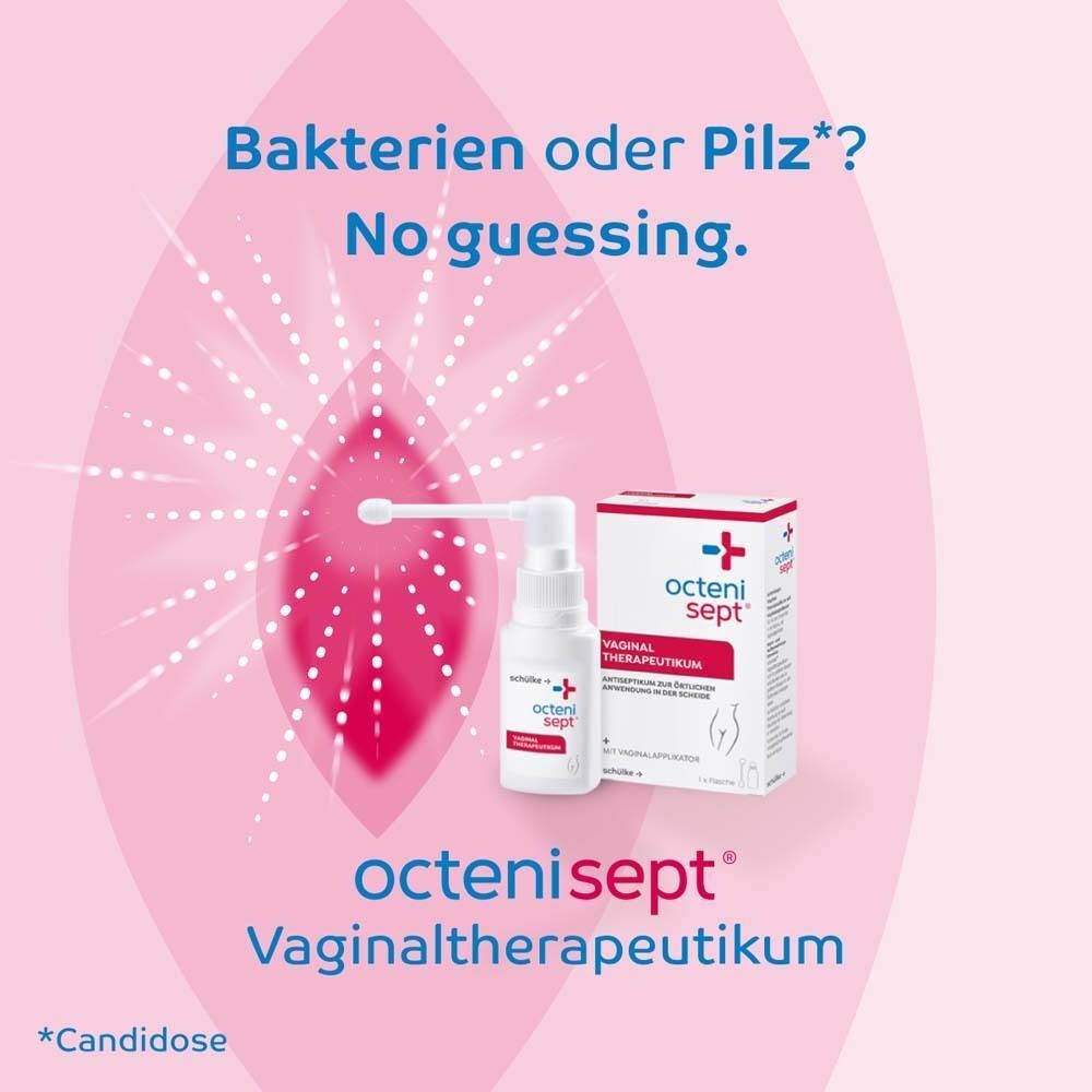 octenisept Vaginaltherapeutikum Spray und Packung vor stilisiertem Vagina-Symbol.