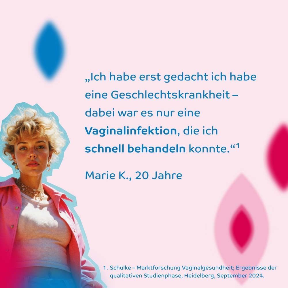 Porträt einer jungen Frau neben Zitat über schnelle Behandlung einer Vaginalinfektion.