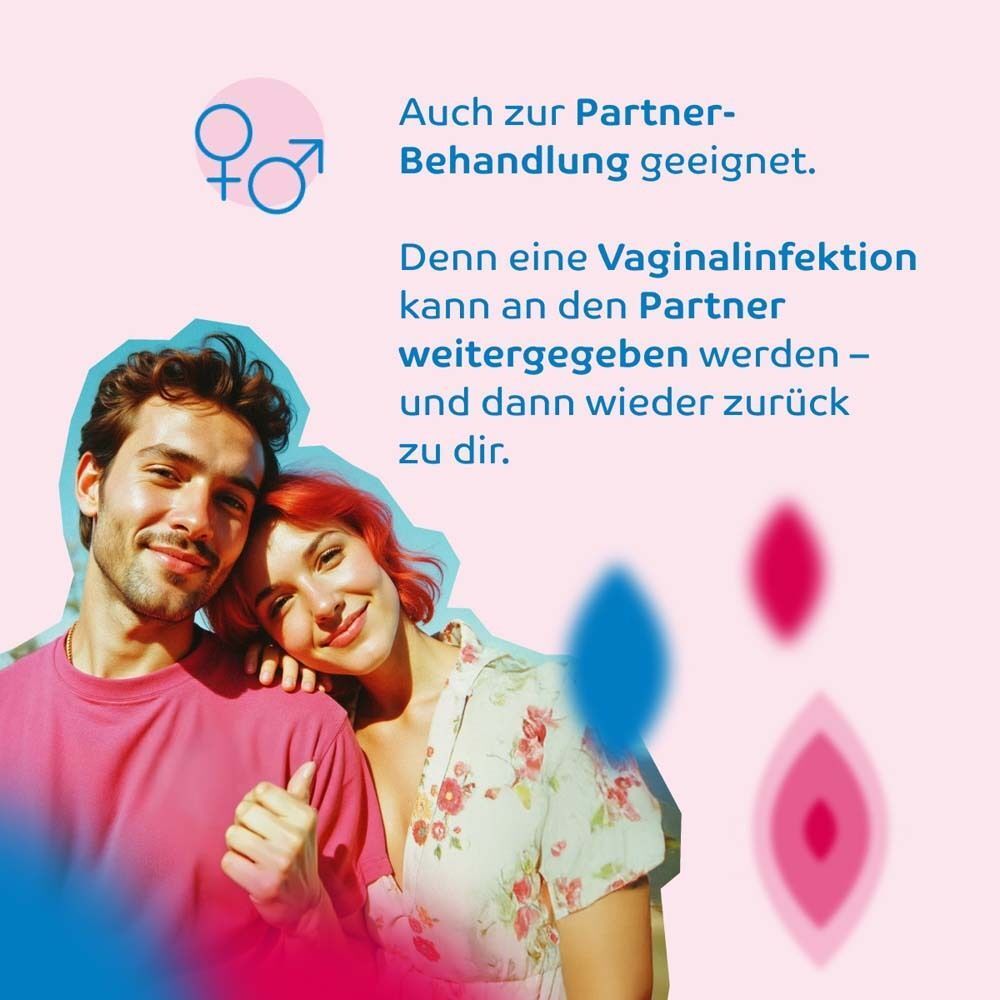 Paar lächelt, Symbol für Partnerbehandlung und Text über Übertragung von Vaginalinfektionen.