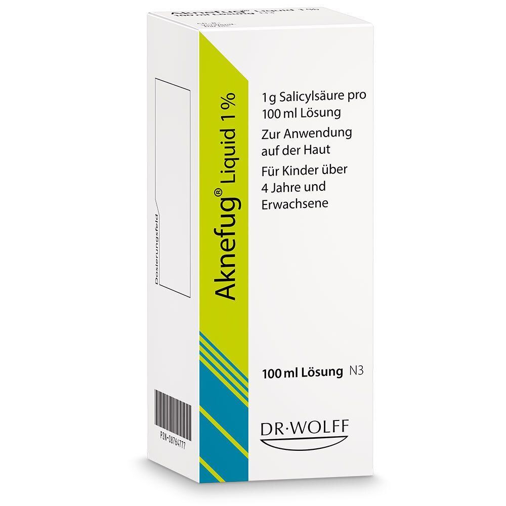 Eine Schachtel Aknefug® Liquid 1%. Enthält 100 ml Lösung mit 1g Salicylsäure.