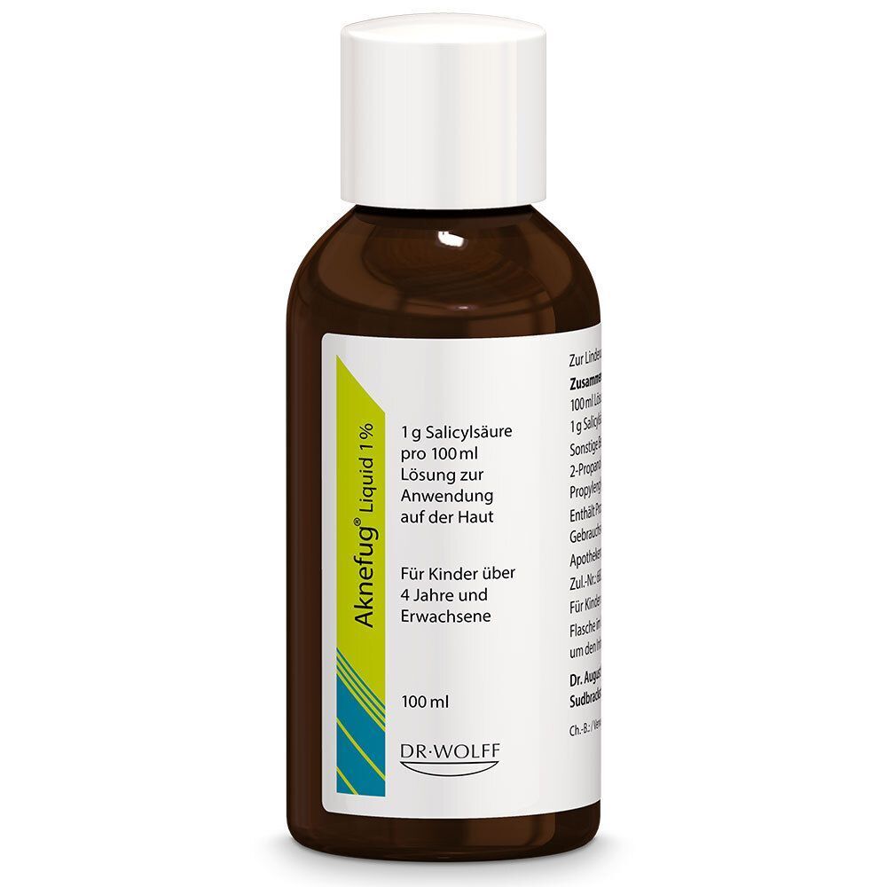 Eine Flasche Aknefug® Liquid 1%. Braune Glasflasche mit weißem Schraubverschluss, 100 ml.