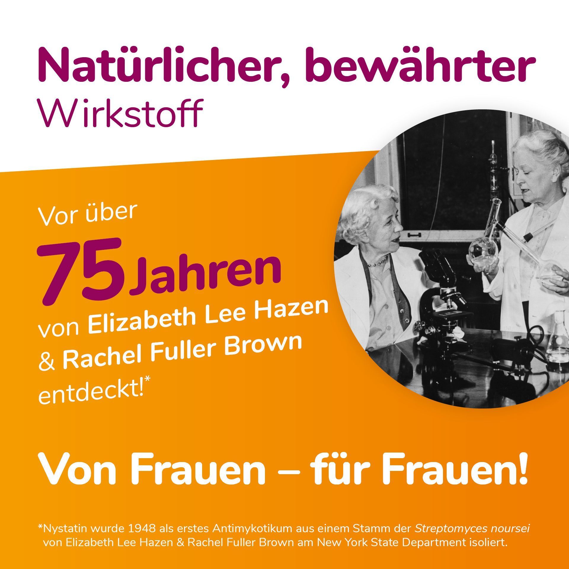 Natürlicher, bewährter Wirkstoff: Entdeckt vor über 75 Jahren von Hazen & Brown. Von Frauen – für Frauen.