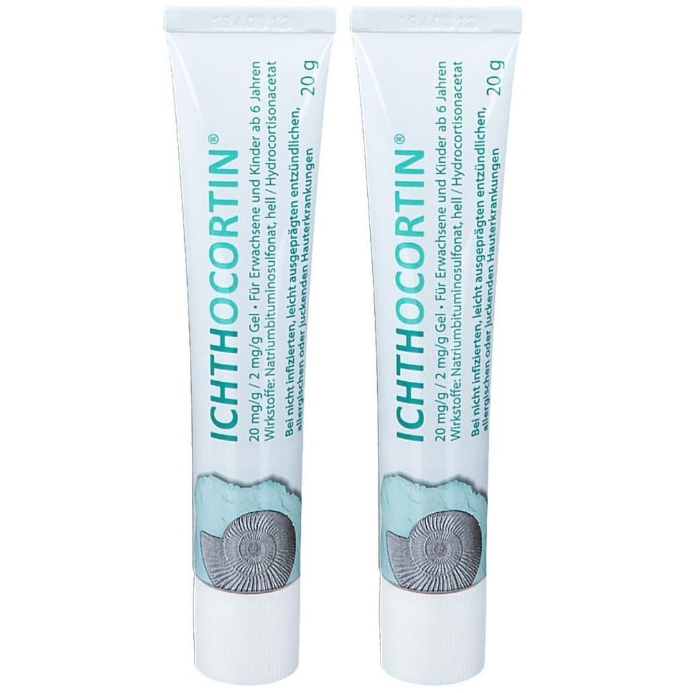 Zwei Tuben Ichthocortin Gel mit je 20g. Das Gel enthält 20 mg/g Hydrocortisonacetat und Natriumbituminosulfonat.