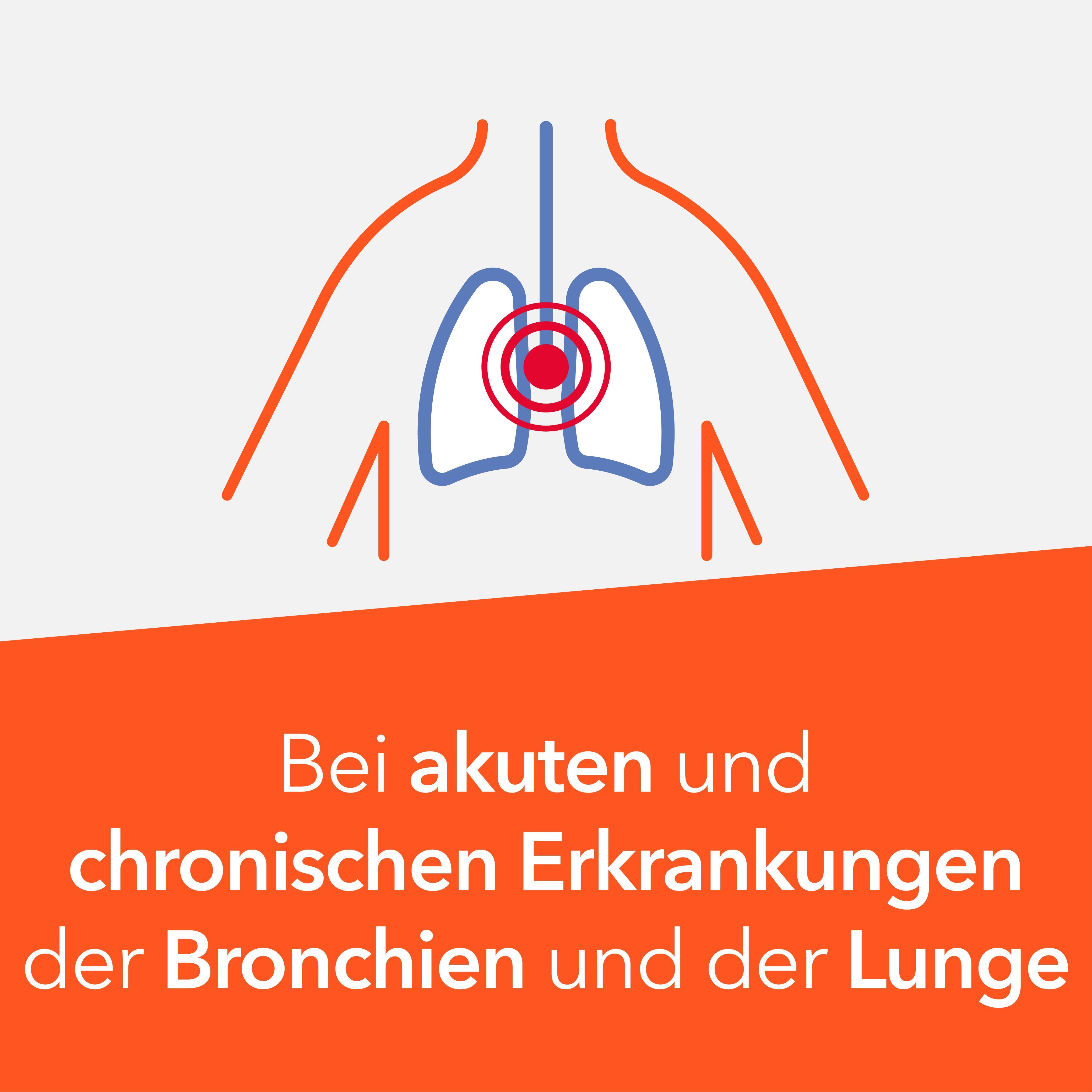 Symbol: Lunge mit rotem Kreis im Zentrum. Text: Bei akuten und chronischen Erkrankungen der Bronchien und der Lunge.
