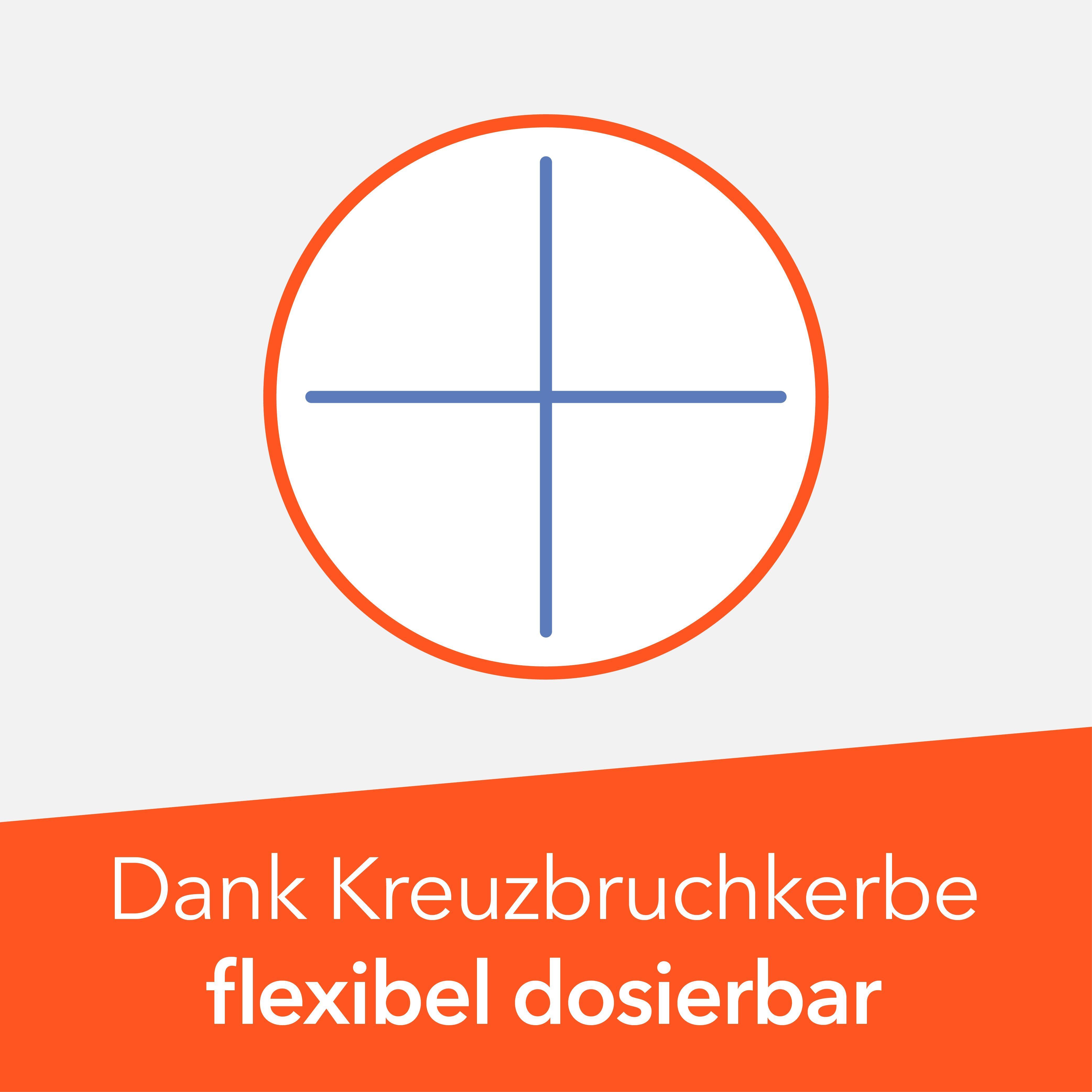 Symbol: Kreis mit Kreuz. Text: Dank Kreuzbruchkerbe flexibel dosierbar.