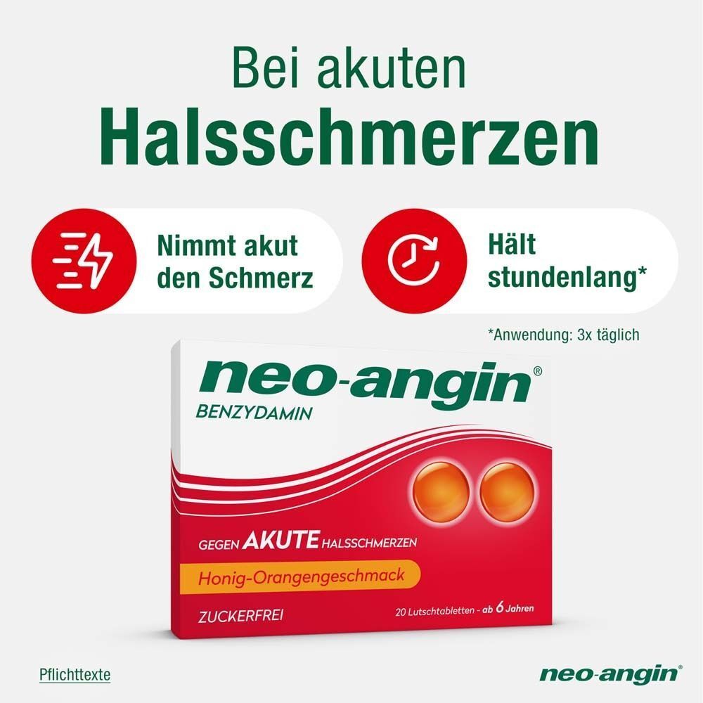 neo-angin Benzydamin gegen akute Halsschmerzen - Honig-Orangengeschmack - zuckerfrei