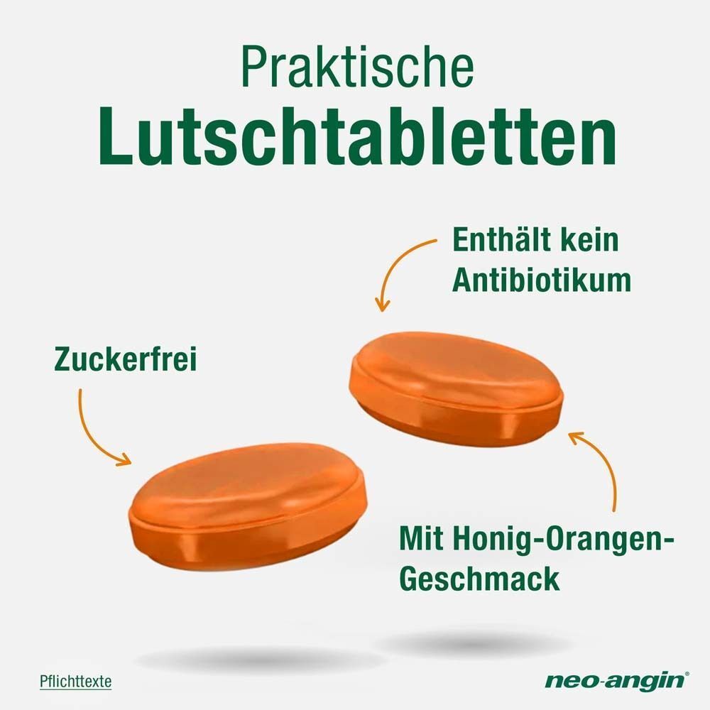 neo-angin Benzydamin gegen akute Halsschmerzen - Honig-Orangengeschmack - zuckerfrei