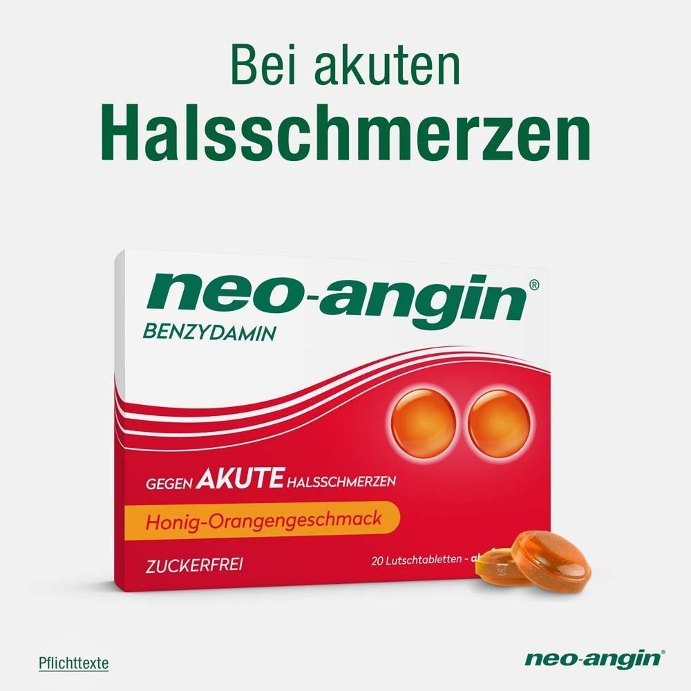 neo-angin Benzydamin gegen Halsschmerzen: Packung mit zwei Tabletten, Honig-Orange, zuckerfrei.
