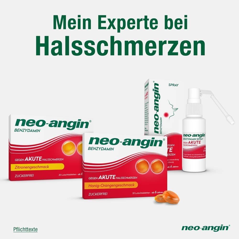 neo-angin Sortiment: Halsschmerzmittel mit Honig-Orange und Zitrone, zuckerfrei, sowie Spray.