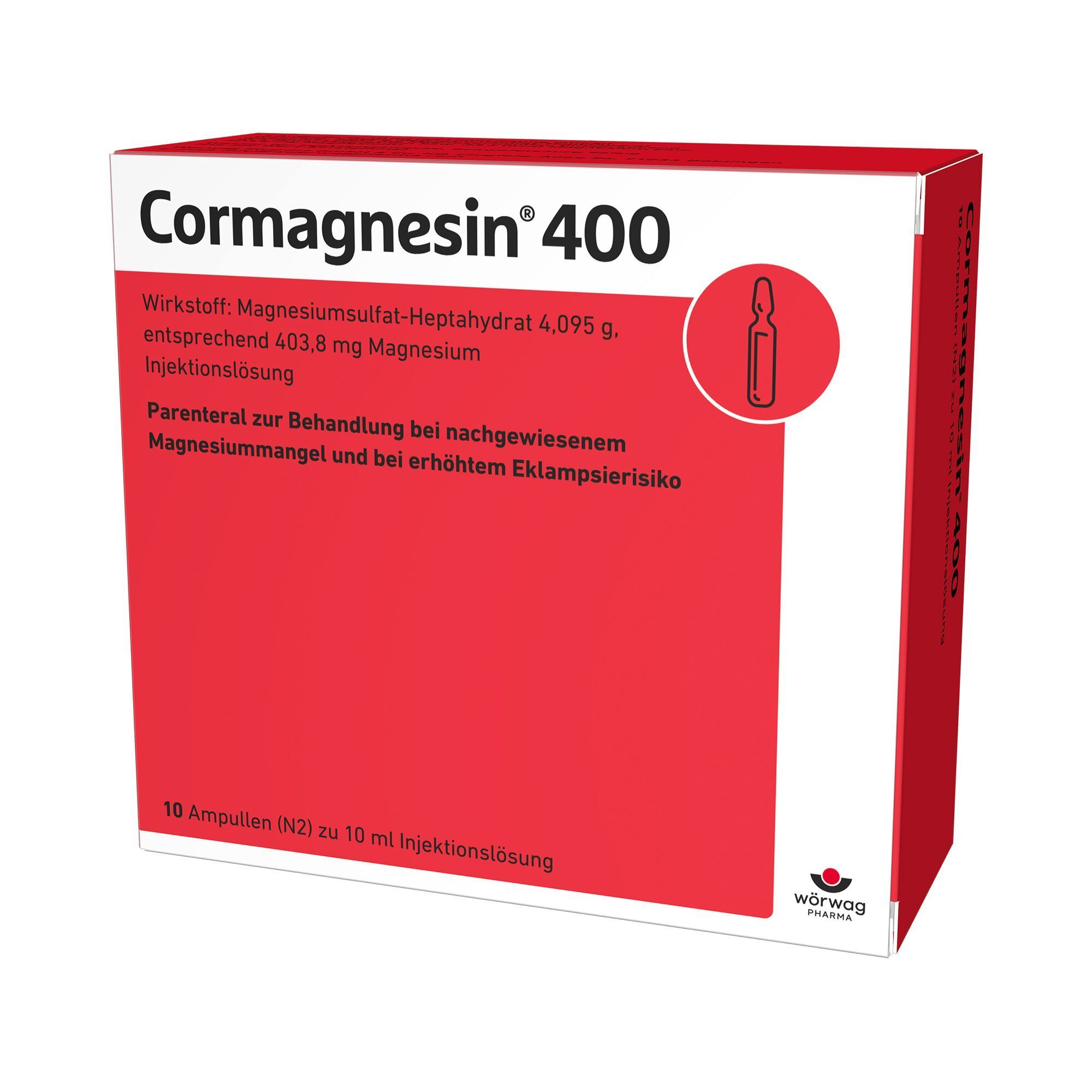 Eine Schachtel Cormagnesin® 400, rot-weiß, mit Ampullensymbol und Text.