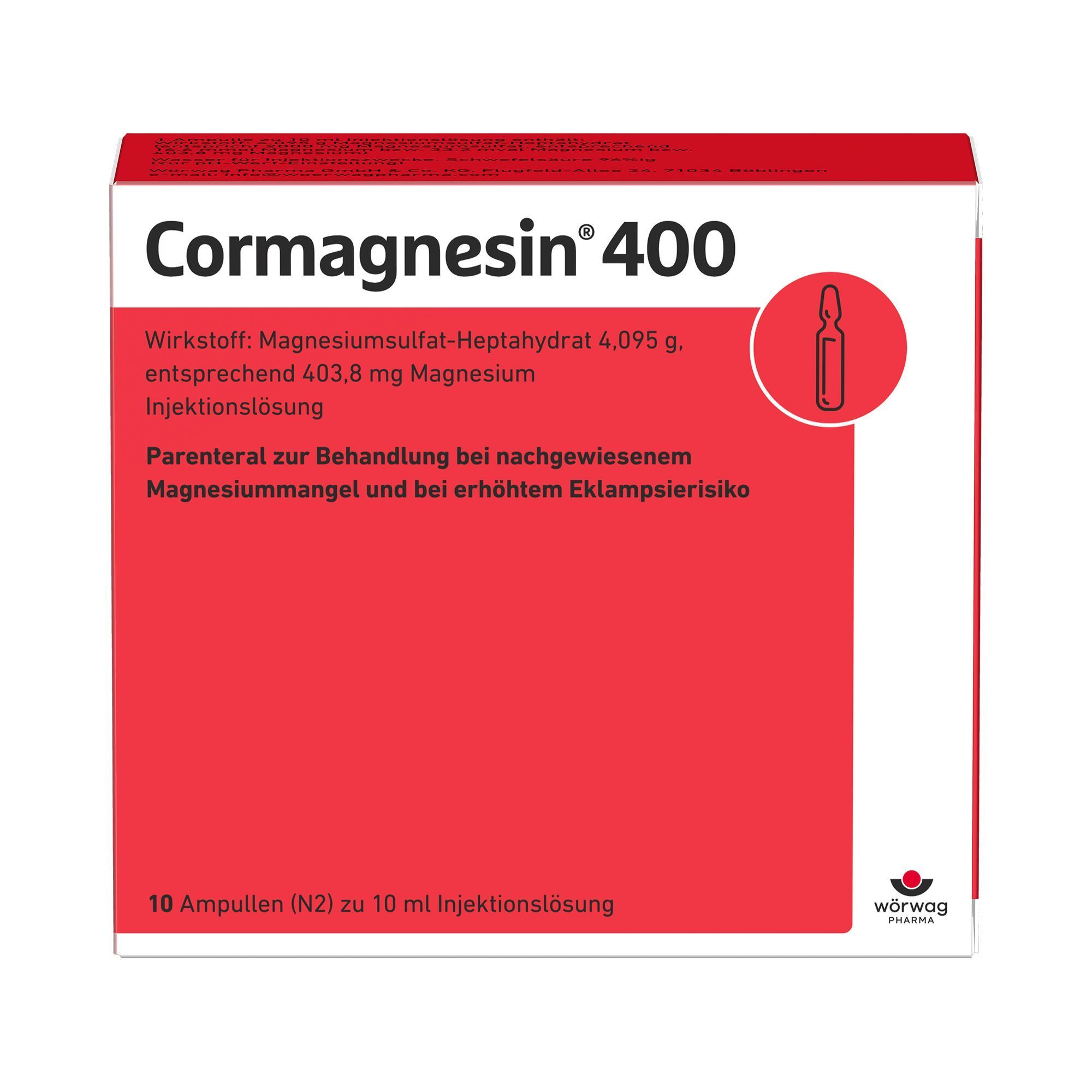 Eine Schachtel Cormagnesin® 400, rot-weiß, mit Ampullensymbol und Text.