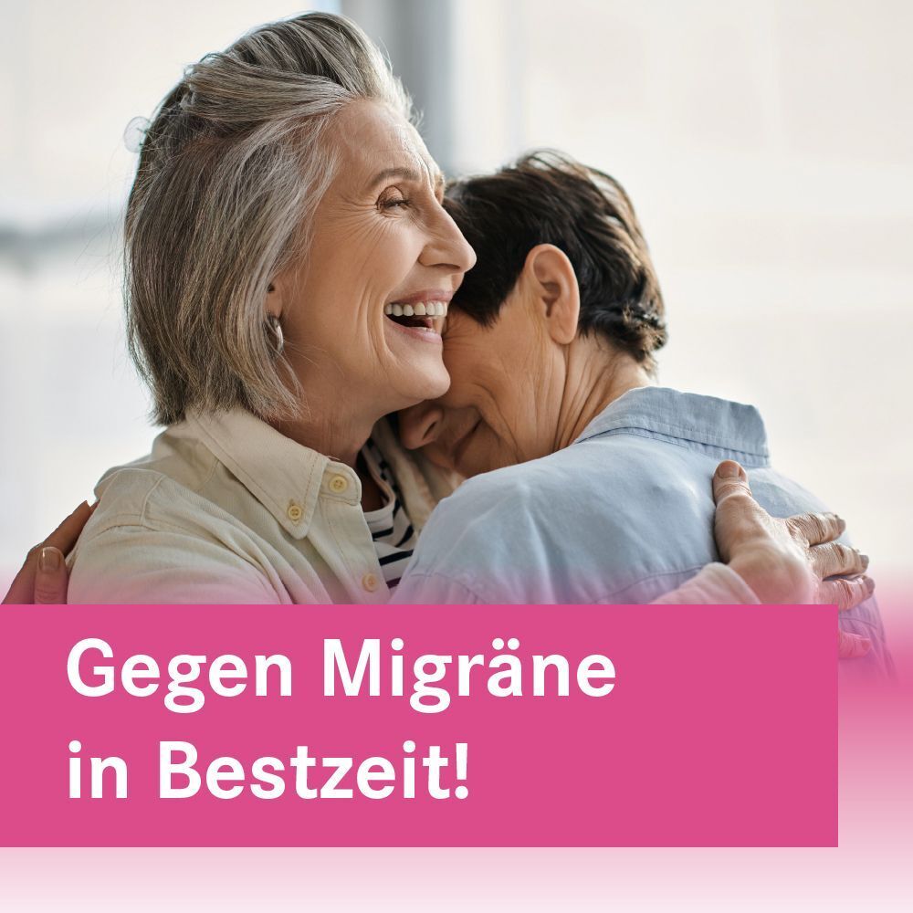Zwei lachende Frauen umarmen sich. Text: Gegen Migräne in Bestzeit!