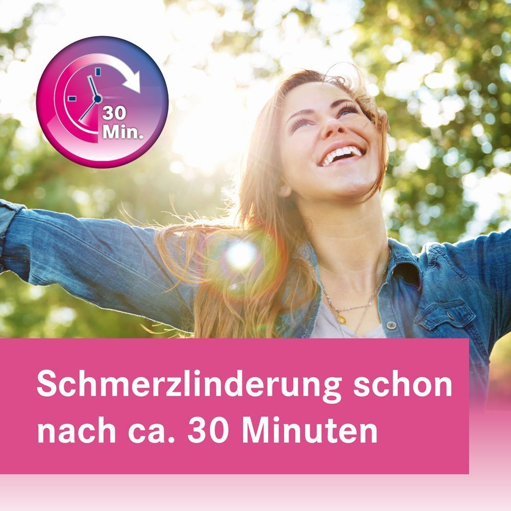 Lachende Frau im Freien mit einem Kreis, der 30 Minuten anzeigt. Text: Schmerzlinderung schon nach ca. 30 Minuten.