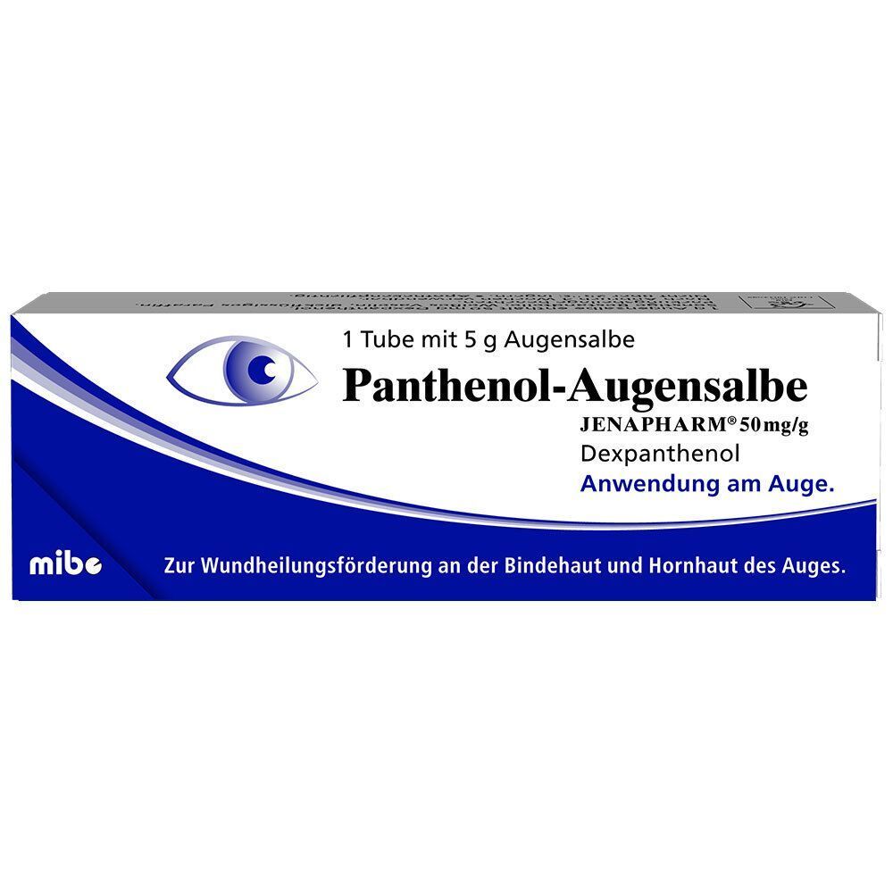 Packung Panthenol-Augensalbe, 5g pro Tube. Mit Augen-Symbol und Herstellerlogo.