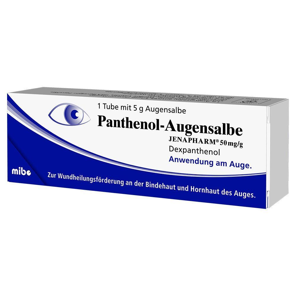 Packung Panthenol-Augensalbe, 5g pro Tube. Mit Augen-Symbol und Herstellerlogo.
