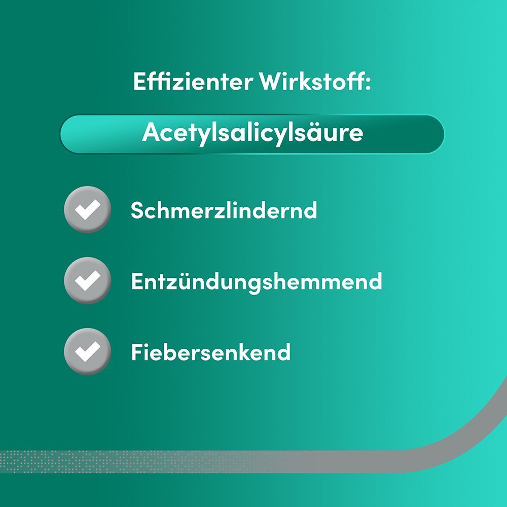 Liste der Eigenschaften von Acetylsalicylsäure: schmerzlindernd, entzündungshemmend, fiebersenkend.