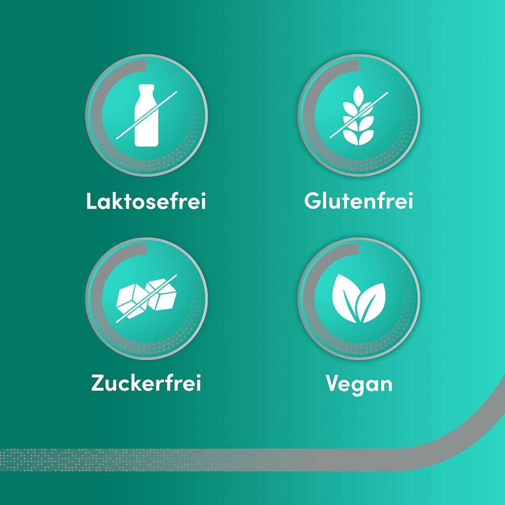 Symbole für Laktosefrei, Glutenfrei, Zuckerfrei und Vegan.