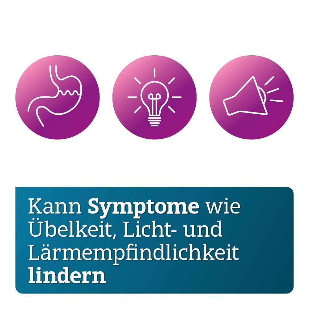 Symbole für Magen, Glühbirne und Megafon. Lindert Symptome wie Übelkeit und Licht-/Lärmempfindlichkeit.