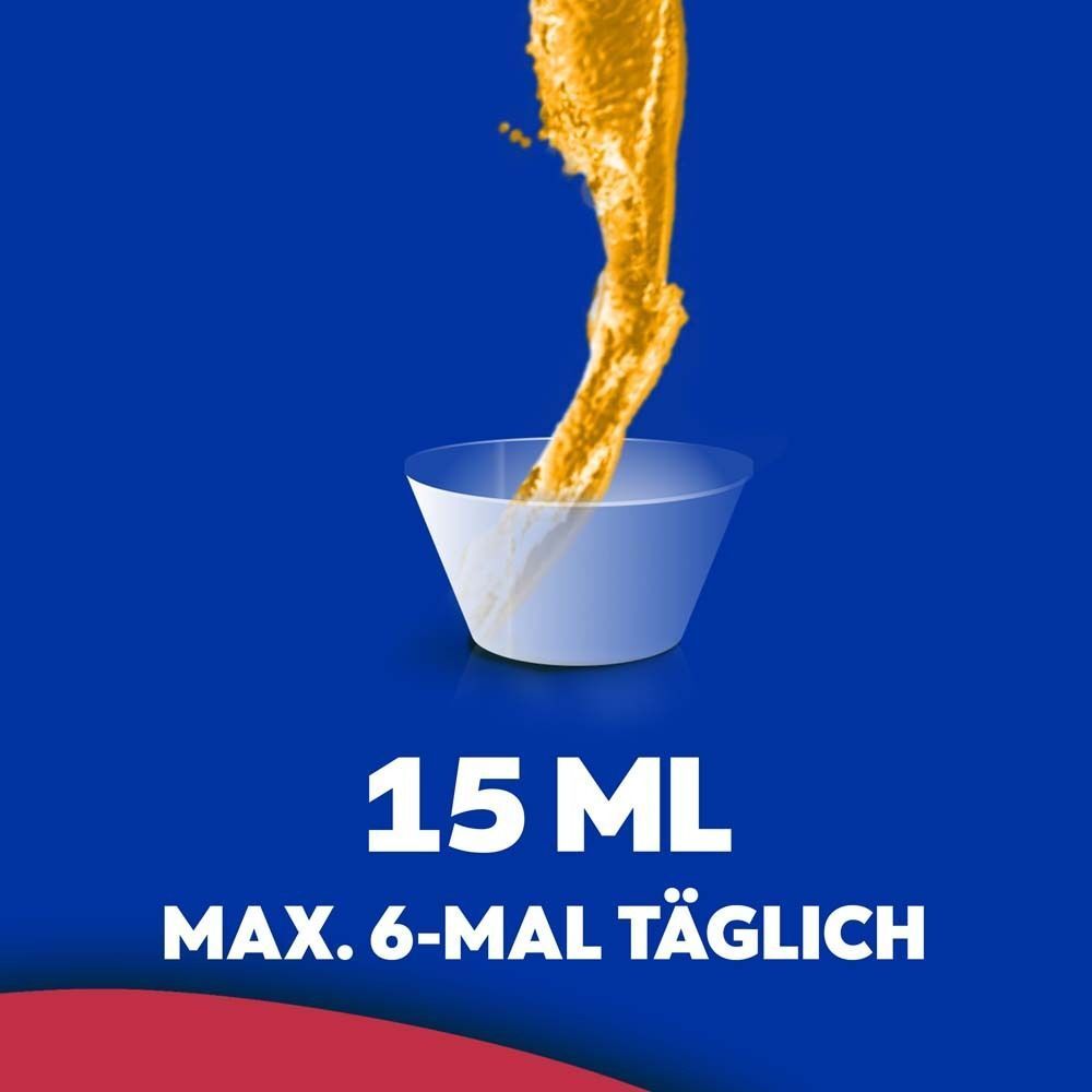 Sirup wird in Messbecher gegossen. 15 ml, maximal 6-mal täglich.