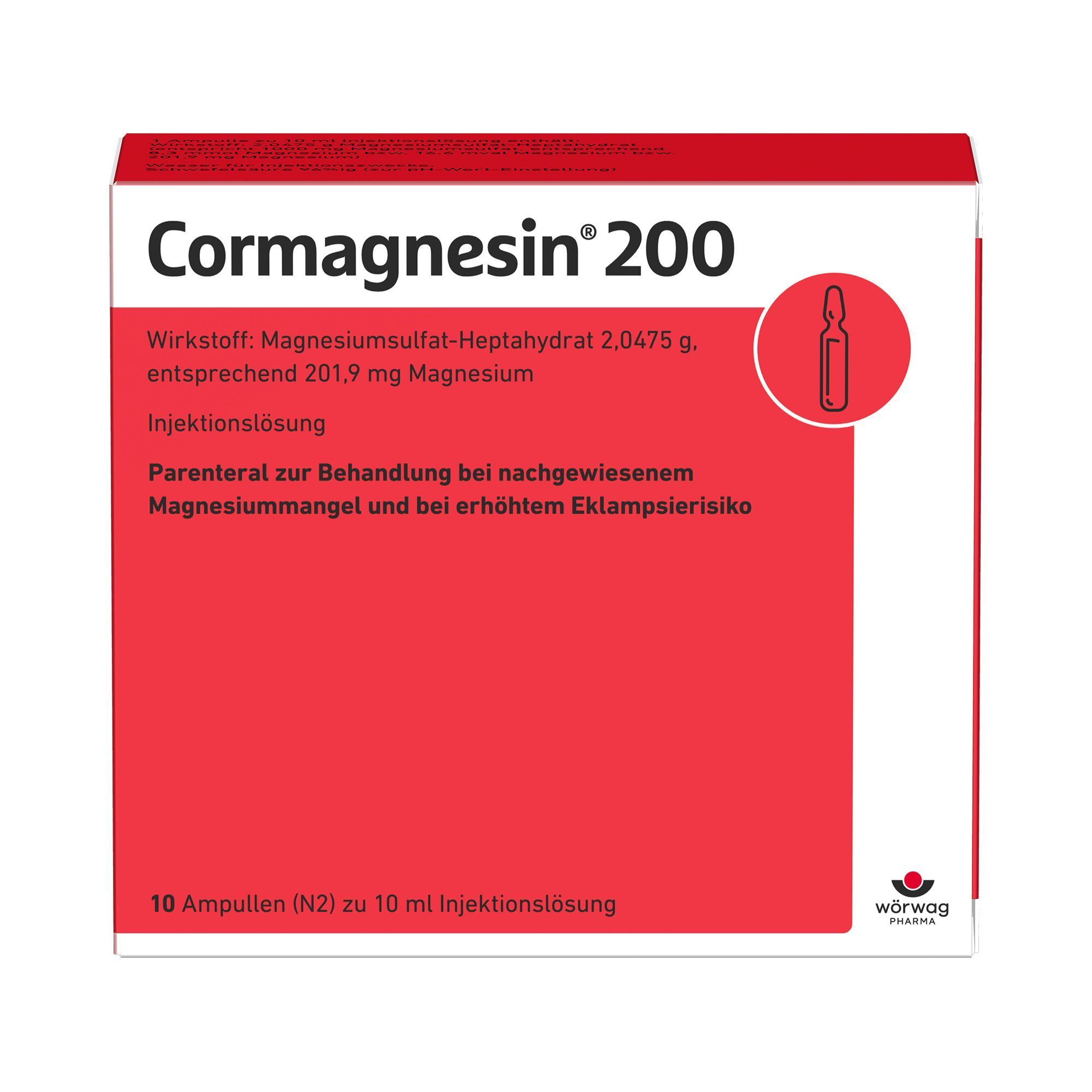Packung Cormagnesin® 200, roter Karton mit weißer Schrift. Enthält 10 Ampullen (10 ml) Injektionslösung. Wirkstoff: Magnesiumsulfat-Heptahydrat.