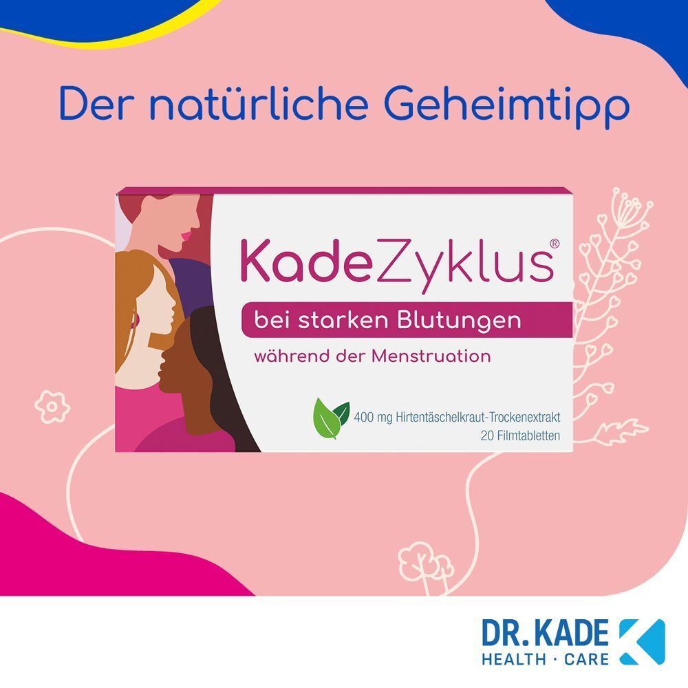 KadeZyklus Packung auf rosa Hintergrund mit floralen Elementen.